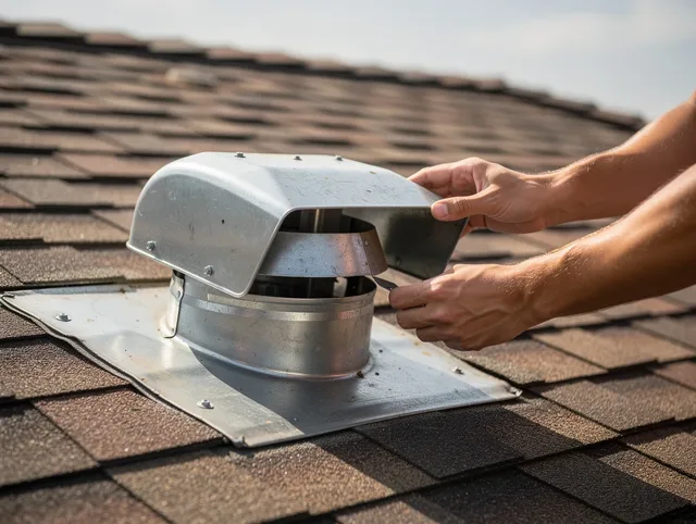 Killingly Dryer Vent Cleaning certified technician safely cleaning a roof-mounted dryer vent in Killingly
