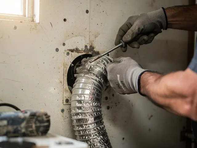 Killingly Dryer Vent Cleaning technician performing precise dryer vent hose installation in Killingly